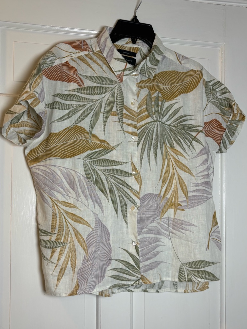 Tahari Casual Short-Sleeve Linen Button-Down Shirt Green Leaf Print Women’s M